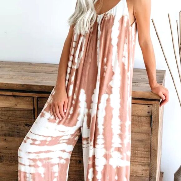 LOOSE COLORBLOCK PINK FULL LENGTH SIZES XL & L JUMPSUIT STRETCHY HIGH WAIST - Picture 2 of 3